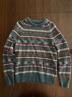 J. Crew Teal Crewneck Sweater with Multicolor Fair Isle Stripes